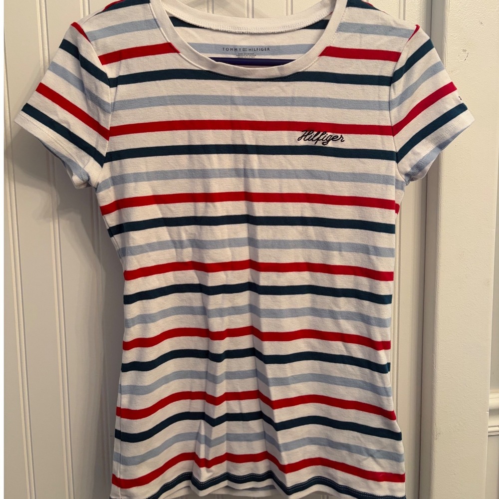 Tommy Hilfiger Womens Striped Short Sleeve Crew Neck T-Shirt Red Blue White M